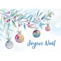 CARTE FA : Boules de Noël et branche en aquarelle