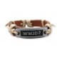 Bracelet en cuir brun, plaque métal "WWJD ?"