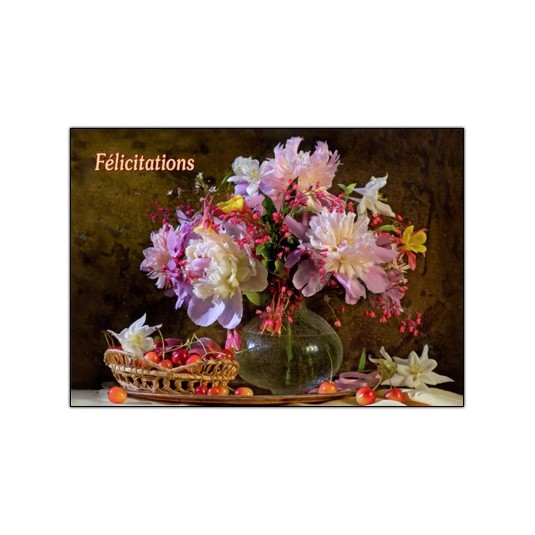 Carte Avec Message Bouquet dans vase et fruits