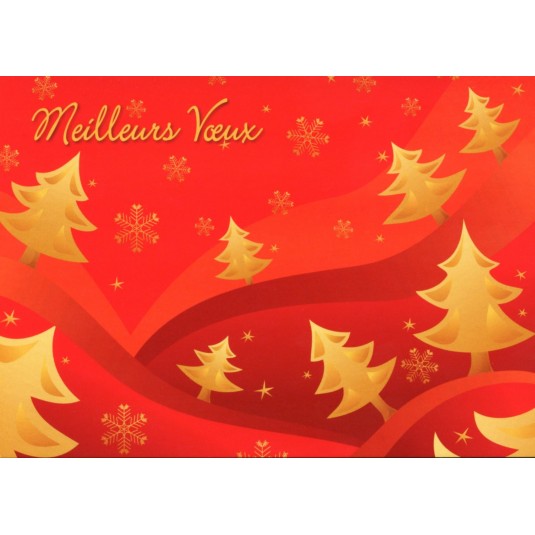 Carte Fin D'année Sapins et flocons dorés sur fond rouge (MV)