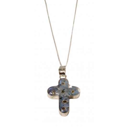 Chaîne argent sterling 45cm, pendentif croix fleurs séchées bleues sous résine 1.5x2.5cm