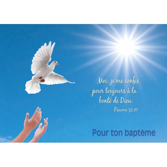 Carte Avec Verset Mains lachant une colombe (Baptême)