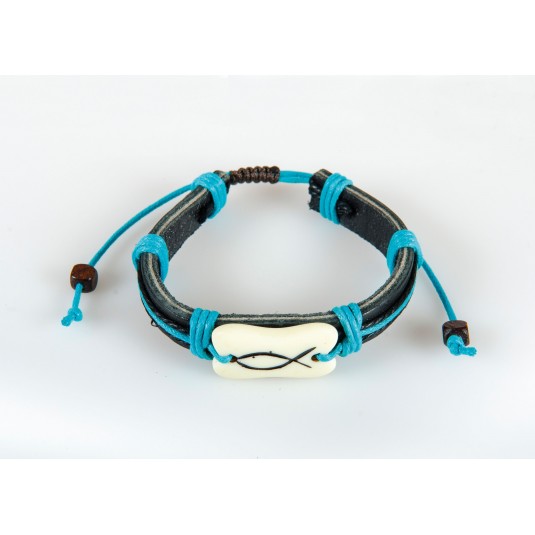 Bracelet cuir et cordelettes Ichtus bleu clair 1cm, réglable
