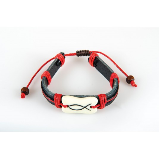 Bracelet cuir et cordelettes Ichtus rouge 1cm, réglable
