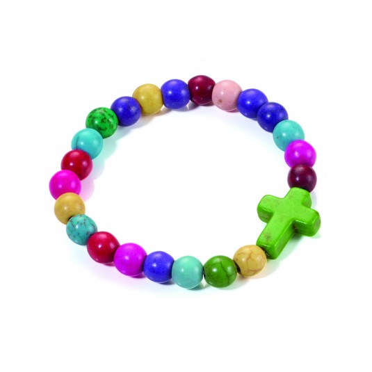 Bracelet extensible perles multicolores et croix magnésite verte