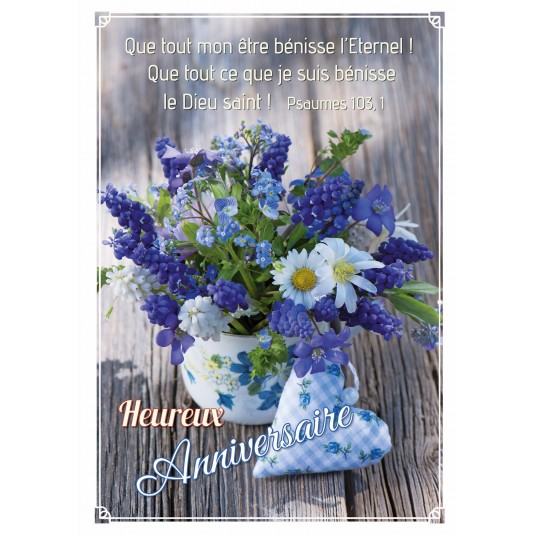 Carte Double Anniversaire Bouquet fleurs bleues et blanches, cœur en tissu