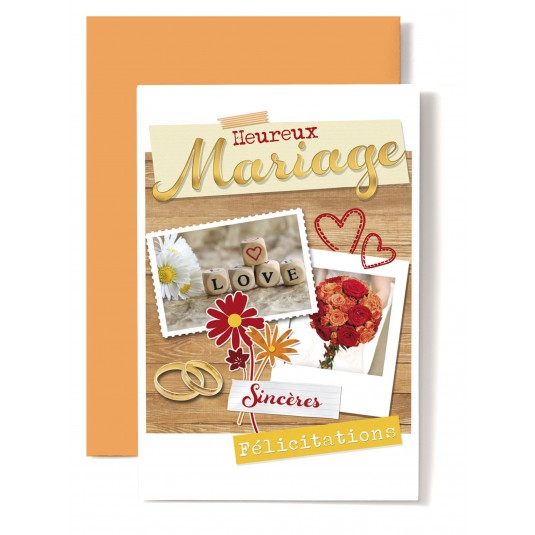 Carte Double Mariage Dés love, bouquet rouge et orange