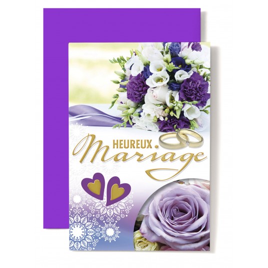 Carte Double Mariage Alliances, bouquet violet et blanc