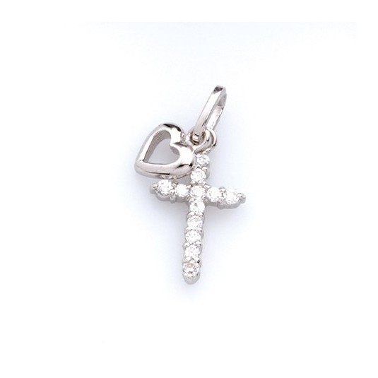 Pendentif croix et coeur argent zirconium sur croix 1x1.5 cm