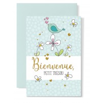 Carte double Naissance : Petit oiseau sur fleur