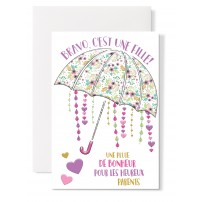 Carte double Naissance : Parapluie fleurs et coeurs rose