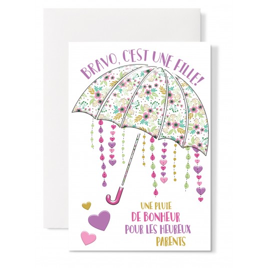 Carte Double Naissance Parapluie fleurs et coeurs rose