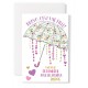Carte double Naissance : Parapluie fleurs et coeurs rose