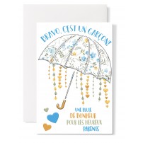 Carte double Naissance : Parapluie fleurs bleu et coeurs orange