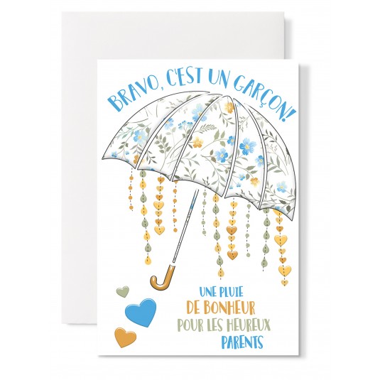 Carte Double Naissance Parapluie fleurs bleu et coeurs orange