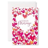 Carte double Mariage : Coeur blanc, petis coeurs tons rouge