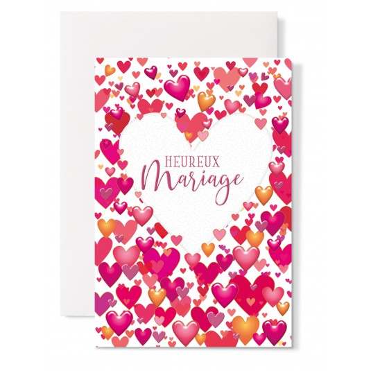 Carte Double Mariage Coeur blanc, petis coeurs tons rouge