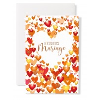 Carte double Mariage : Coeur blanc, petis coeurs tons orange