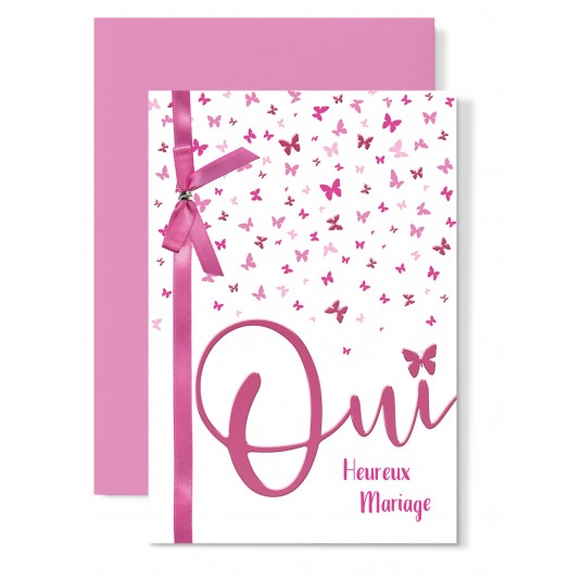 Carte Double Mariage OUI Ruban rose et papillons