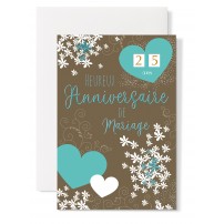 Carte double Anniversaire de Mariage : Coeurs et fleurs sur fond brun