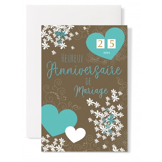 Carte Double Anniversaire De Mariage Coeurs et fleurs sur fond brun