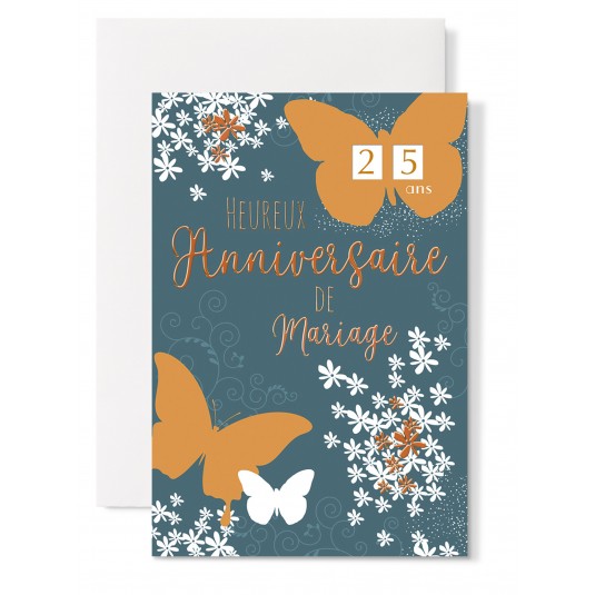 Carte Double Anniversaire De Mariage Papillons et fleurs sur fond vert