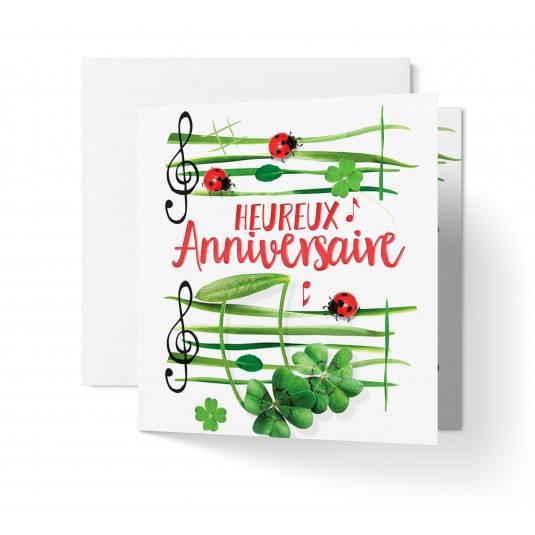 Carte Double Carre Anniversaire Coccinelles sur partitions