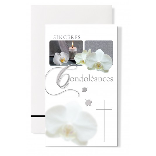 Carte Double Condol&eacute;ances Bougie et orchid&eacute;es blanches