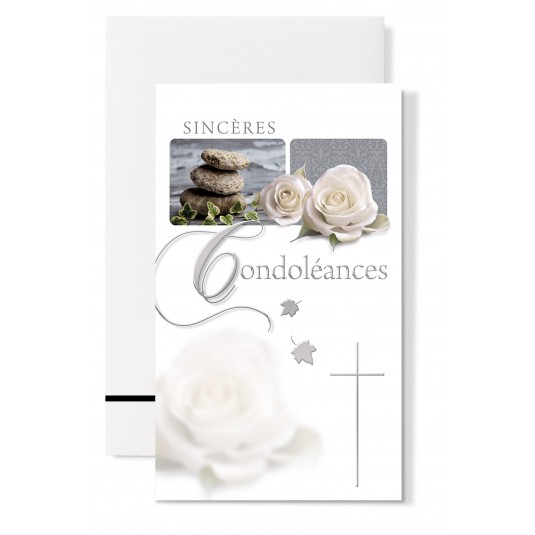 Carte Double Condol&eacute;ances Galets et roses blanches