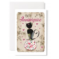 Carte double Anniversaire : "Chat sur un vase"