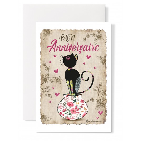 Carte Double Anniversaire Chat sur un vase