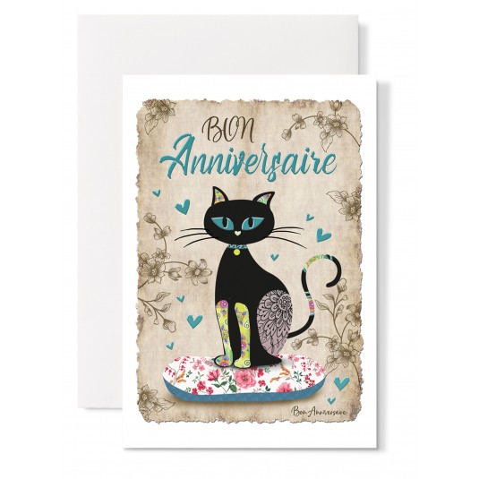 Jolie Carte anniversaire chat noir - Carte d'art
