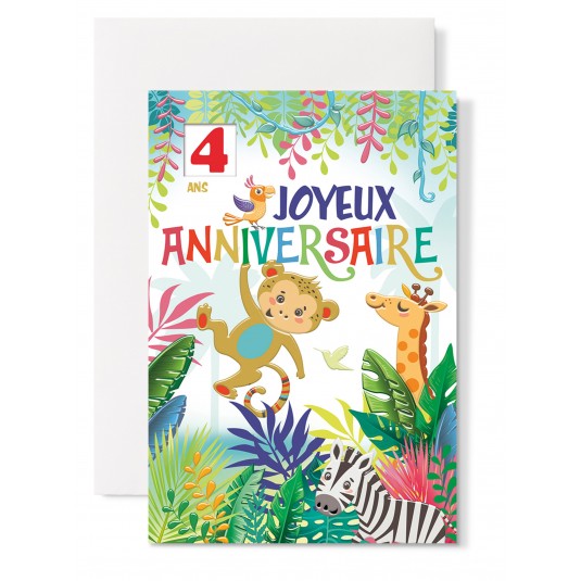 Carte Double Anniversaire Singe, girafe, z&egrave;bre