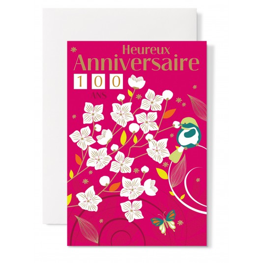 Carte Double Anniversaire Fleurs sur fond fushia