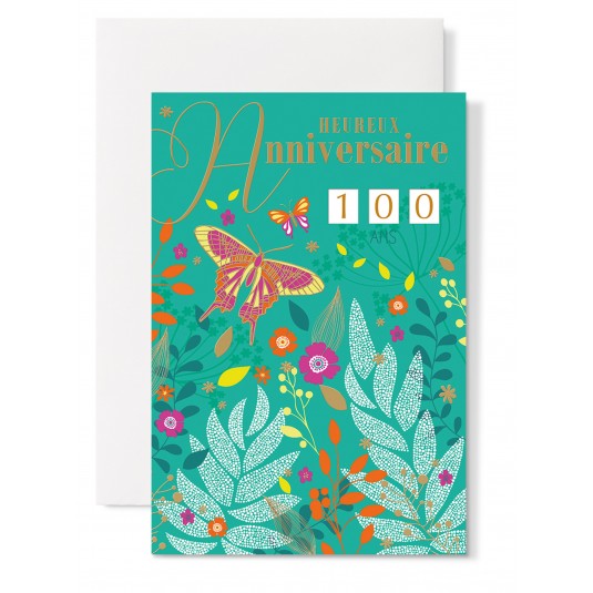 Carte Double Anniversaire Papillons et plantes sur fond vert