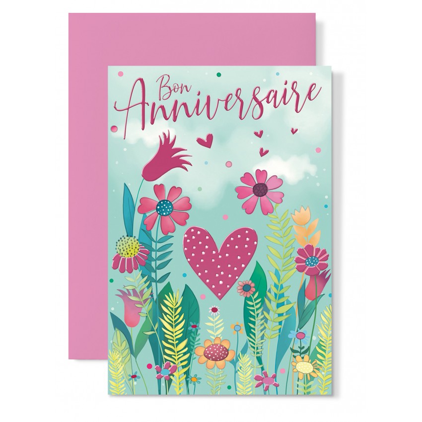 Carte Double Anniversaire Coeur Dans Champ De Fleurs