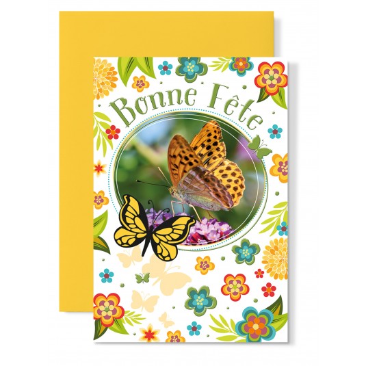 Carte Double Bonne Fête Papillon sur hortensias
