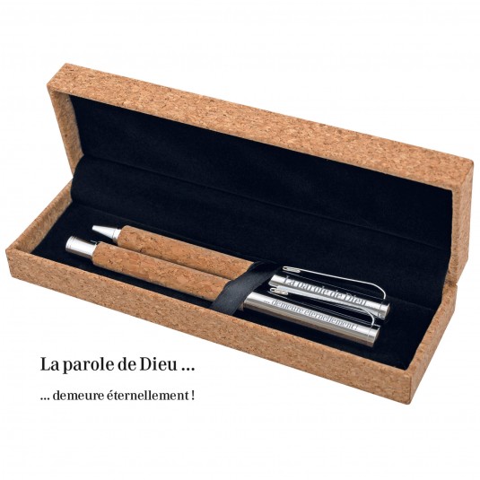 Coffret d'écriture stylo bille + roller métal en liège