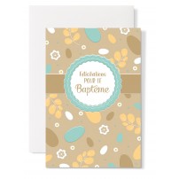 Carte double Baptême : Fleurs et feuilles sur fond brun