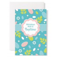 Carte double Baptême : Fleurs et feuilles sur fond brun