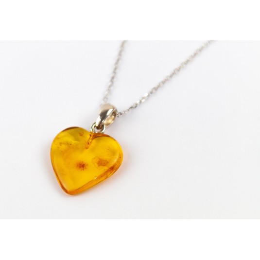 Pendentif cœur ambre jaune avec collier argent 925