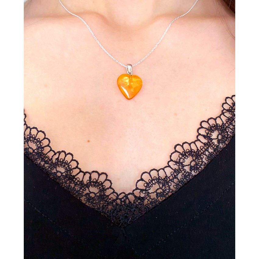 Pendentif Cœur En Ambre Et Argent 925 - Neuf Avec Petits Défauts
