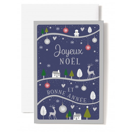 CARTE DOUBLE Joyeux No&euml;l et Bonne Ann&eacute;e Maisons, arbres, cerfs sur fond bleu