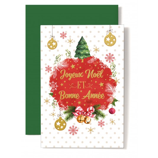 CARTE DOUBLE Joyeux No&euml;l et Bonne Ann&eacute;e Sapin, clochettes, boules dor&eacute;es