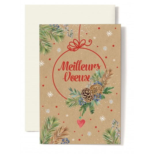 CARTE DOUBLE Meilleurs V&oelig;ux Boule avec d&eacute;cor pommes de pins