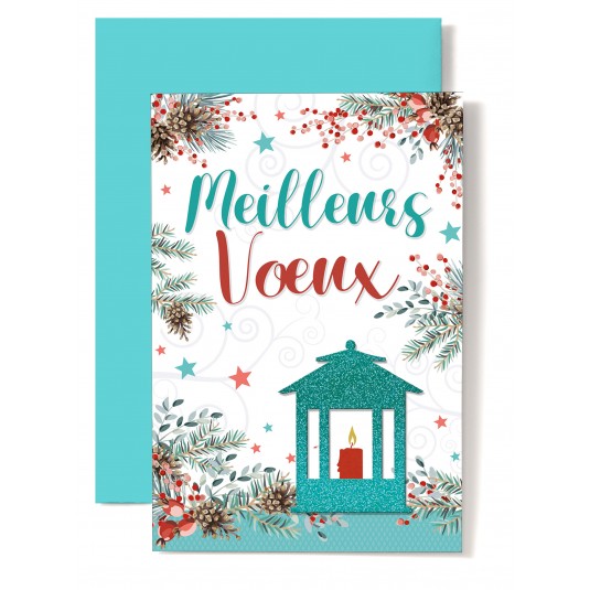 CARTE DOUBLE Meilleurs V&oelig;ux Lanterne verte et bougie rouge