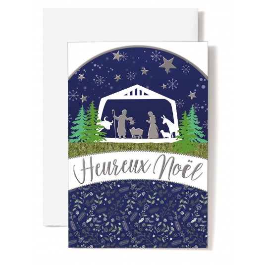 CARTE DOUBLE Heureux No&euml;l Cr&egrave;che sur fond bleu