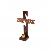 Croix décorative JESUS, bois de manguier, support bougie 25cm