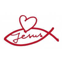 Autocollant rouge Ichtus-Jesus-Coeur 8.5 cm