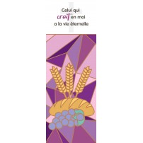SIGNET: Vitrail mauve avec pain, raisin et épis de blé